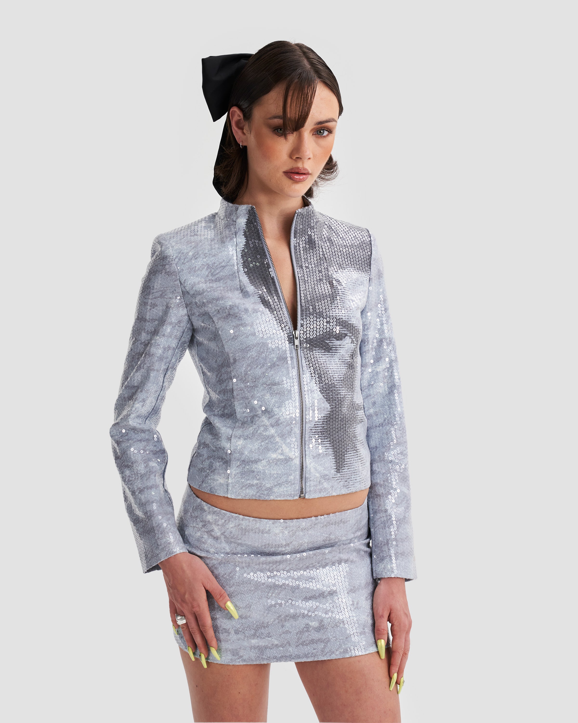 Sequin Structured Zip Up Jacket Co-Ord with Print in Silver